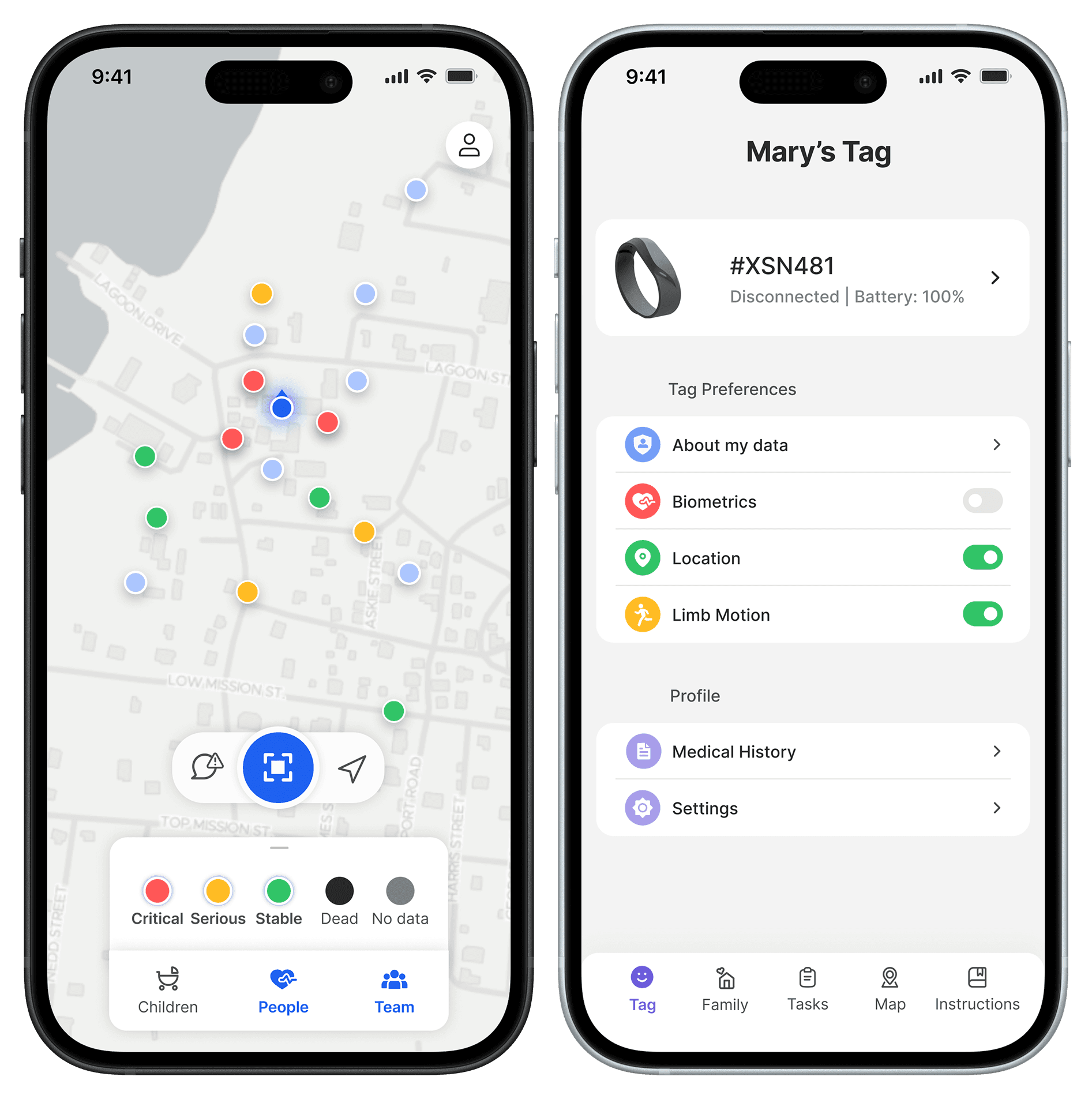 FindMe Tag system shown across the wearable device, civilian app, and rescuer app