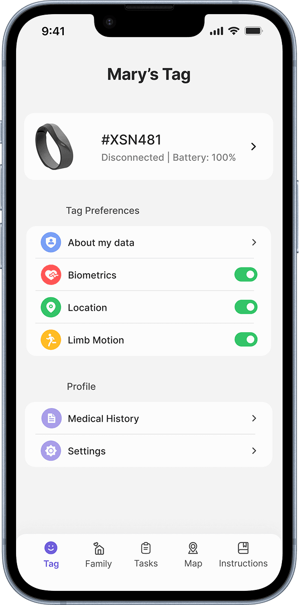 Civilian app — Mary's Tag overview screen with biometrics, location and limb motion preferences.