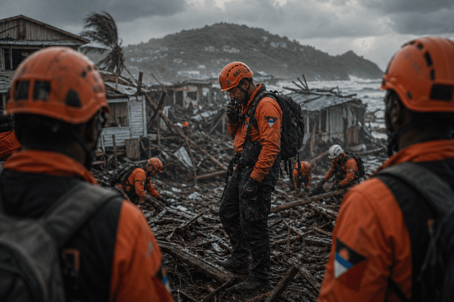 Search and rescue workers in helmets and high-vis gear coordinating on a disaster site.