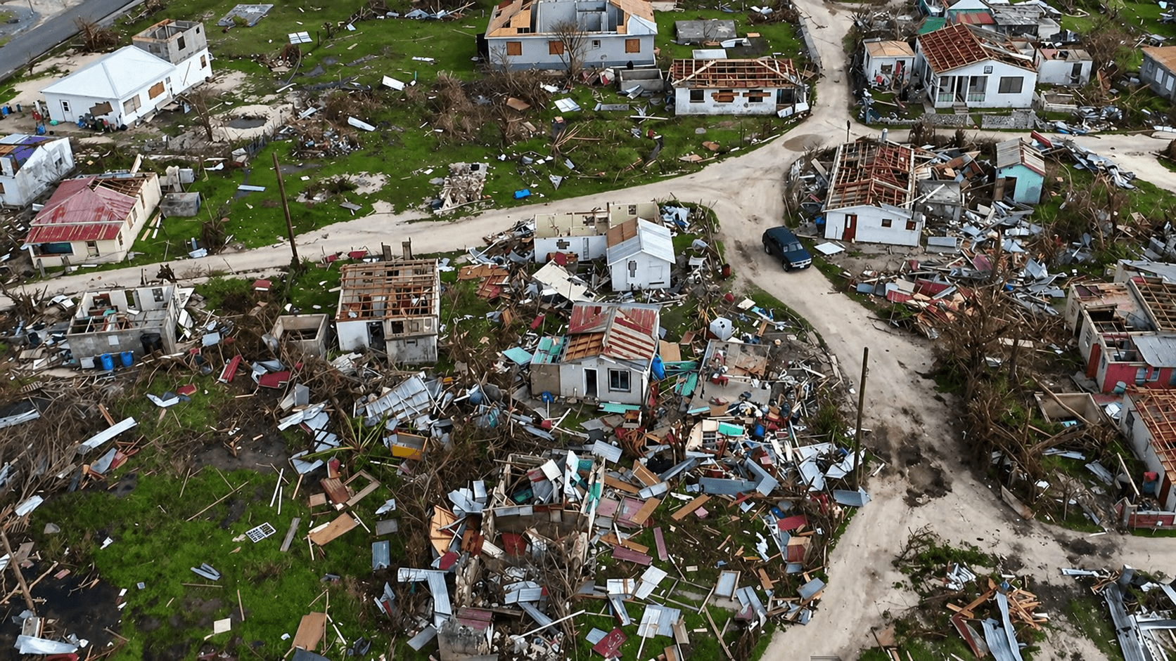 Aerial view of a community devastated by a natural disaster, with collapsed homes and scattered debris.