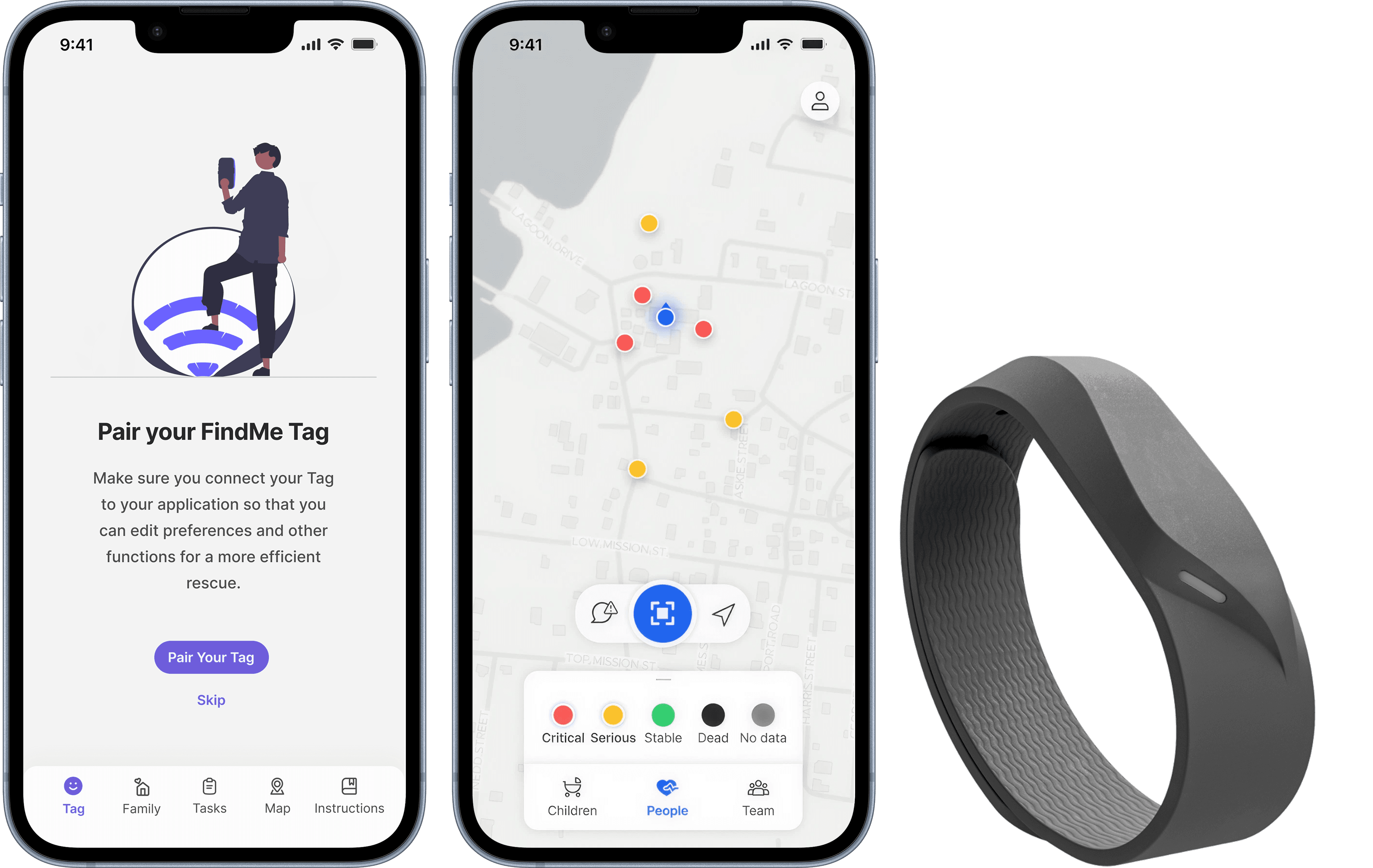 The two FindMe Tag apps shown side by side: civilian onboarding screen, rescuer map view, and the wearable device.